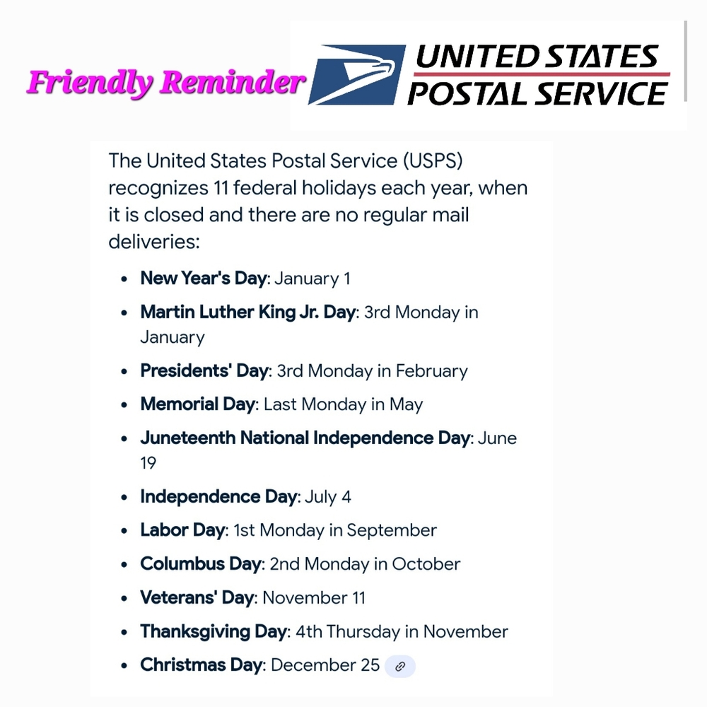 USPS Federal Holidays Friendly Remainder